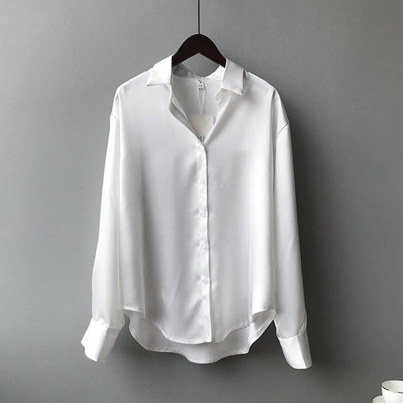 Autumn Fashion Button Up Satin Shirt Vintage Blouse Women White Lady Long Sleeves Female Loose Street Shirts 11355