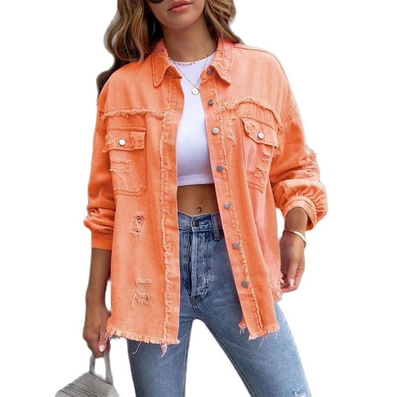 2023 Holes Raw-edges Denim Jacket Women Spring Autumn Shirt Style Jeancoat Casual Top Rose-Red Orange Purple Outerwear Lady Coat