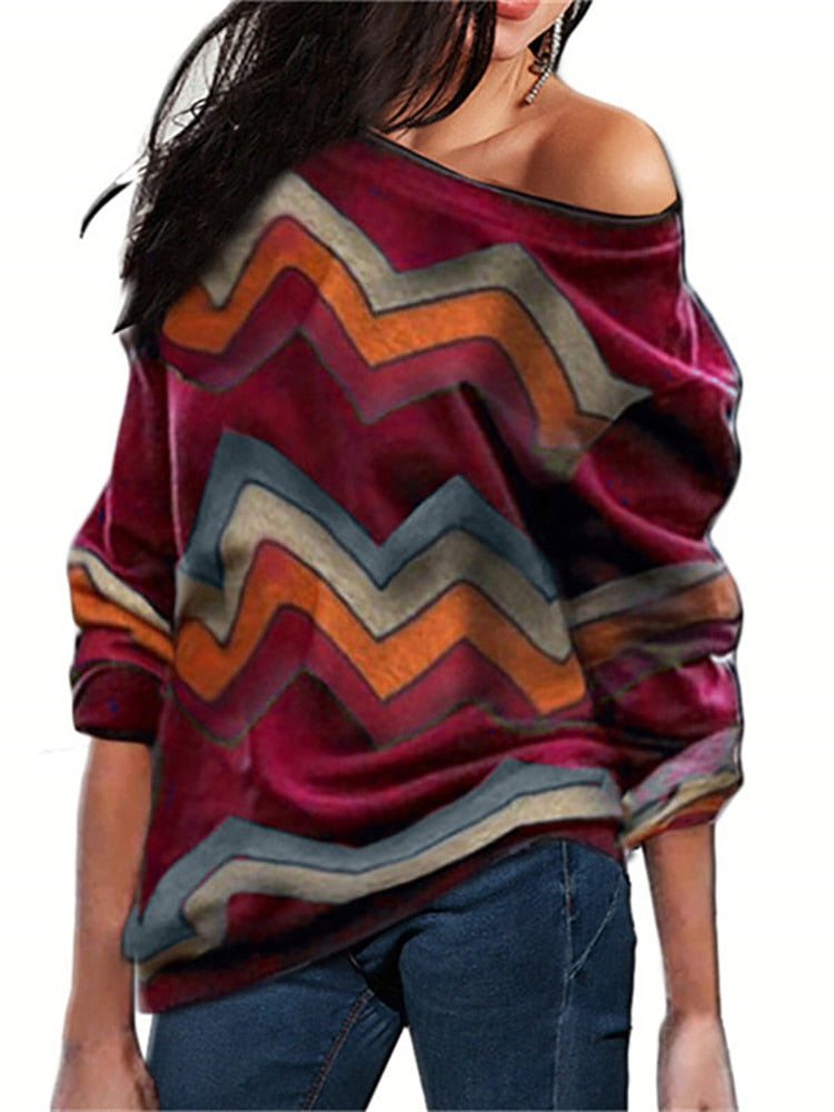 Aachoae Women Blouses Off Shoulder Tops Striped Print Pullover Jumper Casual Knitted Top Long Sleeve Blouse Shirt Camiseta Mujer