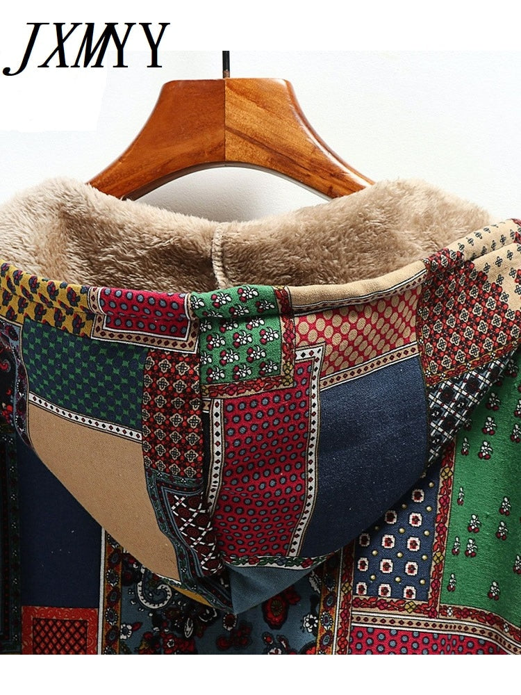 2023 Winter Vintage Women Coat Warm Printing Thick Fleece Hooded Long Jacket with Pocket Ladies Outwear Loose Coat for Women