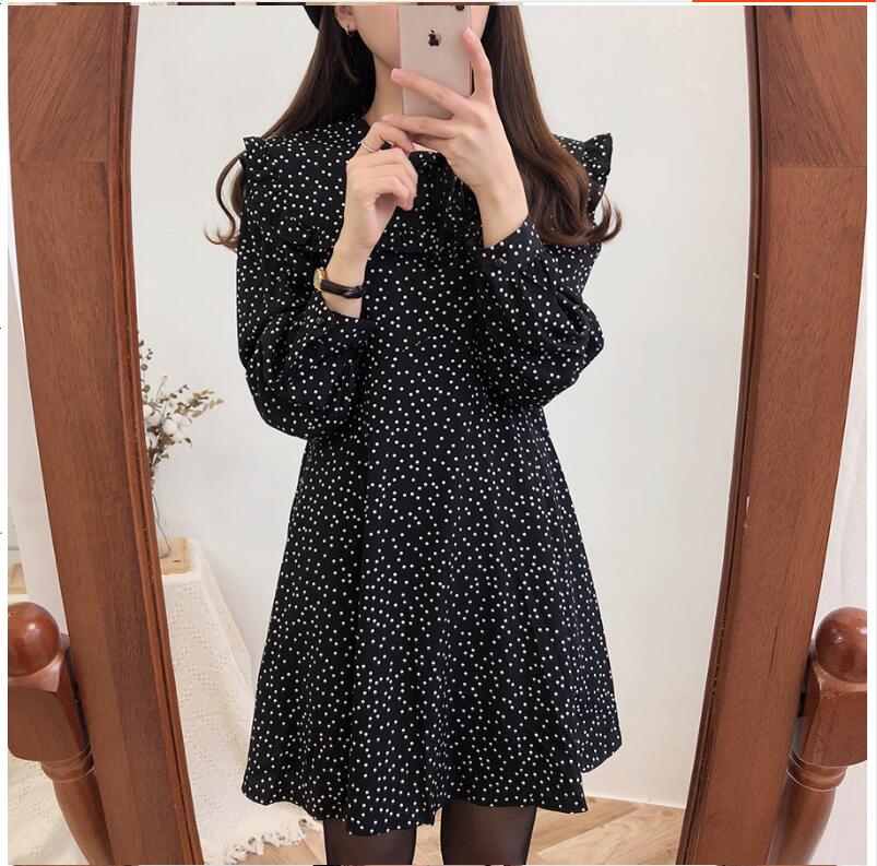2023 Cute Sweet Dress Hot Sales Women Fashion Korean Style Design A Line Preppy Girls Vintage Polka Dot Ruffled Mini Black Dress