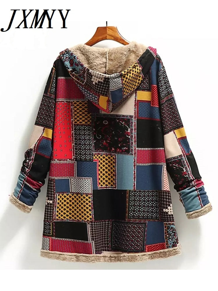 2023 Winter Vintage Women Coat Warm Printing Thick Fleece Hooded Long Jacket with Pocket Ladies Outwear Loose Coat for Women