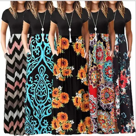 Summer Dress short-sleeved Casual O Neck Patchwork Floral Printed Woman Long Dresses Vestidos TXGL6110