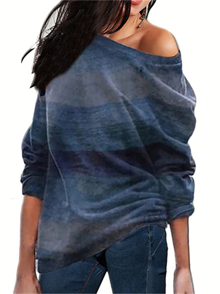 Aachoae Women Blouses Off Shoulder Tops Striped Print Pullover Jumper Casual Knitted Top Long Sleeve Blouse Shirt Camiseta Mujer