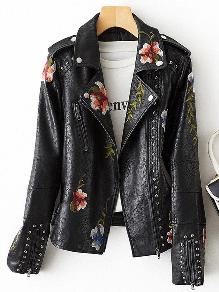 FTLZZ-Chaqueta de piel sintética con estampado Floral para mujer, abrigo de cuero suave, cuello vuelto, estilo Retro, negro, Punk