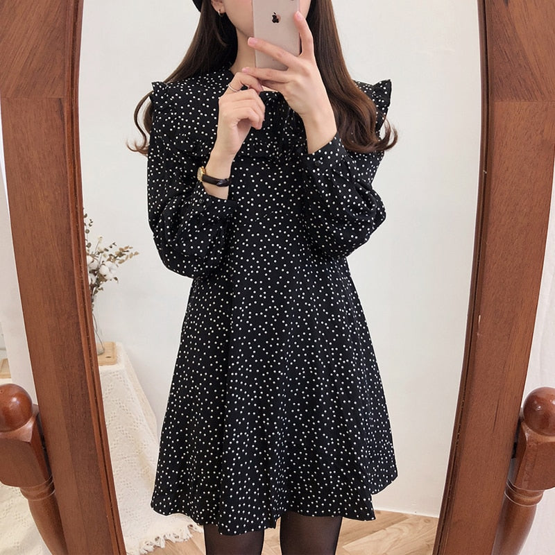 2023 Cute Sweet Dress Hot Sales Women Fashion Korean Style Design A Line Preppy Girls Vintage Polka Dot Ruffled Mini Black Dress