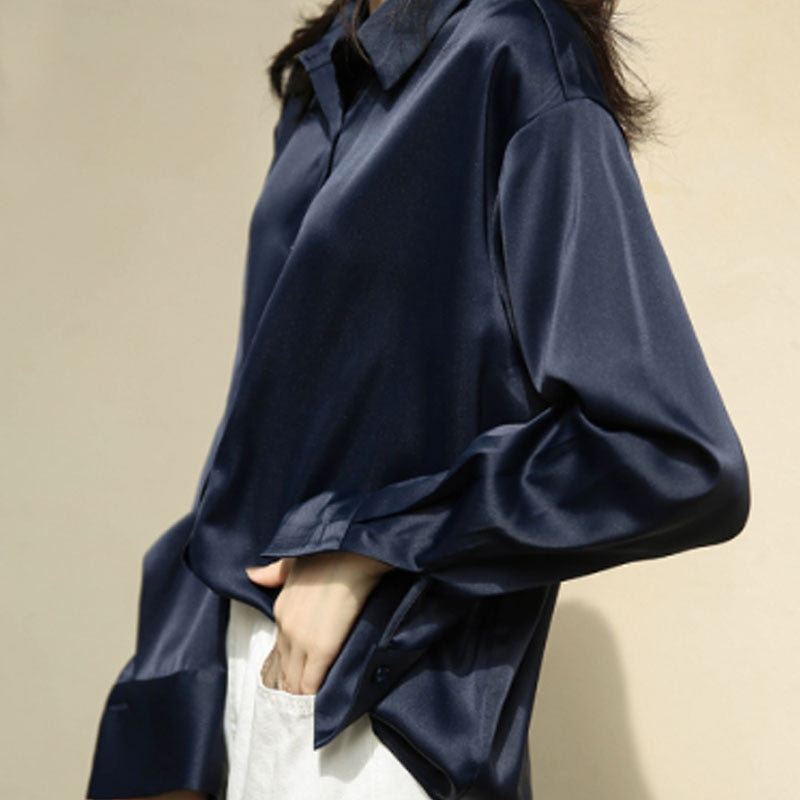Autumn Fashion Button Up Satin Shirt Vintage Blouse Women White Lady Long Sleeves Female Loose Street Shirts 11355