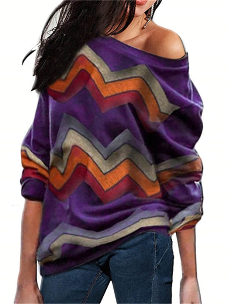 Aachoae Women Blouses Off Shoulder Tops Striped Print Pullover Jumper Casual Knitted Top Long Sleeve Blouse Shirt Camiseta Mujer
