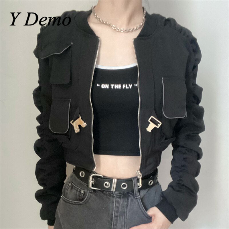 Y Demo Techwear Punk Zipper Jacket Women Long Sleeve Minimalist Pocket Outerwear Female Fashion Clothing 2020