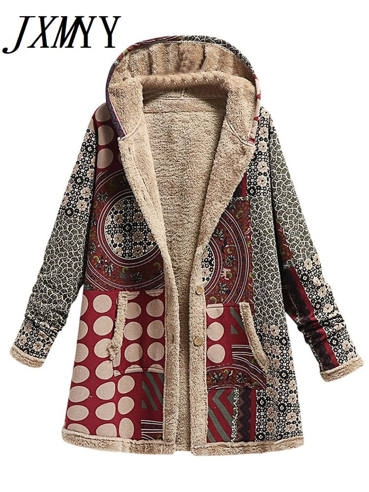 2023 Winter Vintage Women Coat Warm Printing Thick Fleece Hooded Long Jacket with Pocket Ladies Outwear Loose Coat for Women