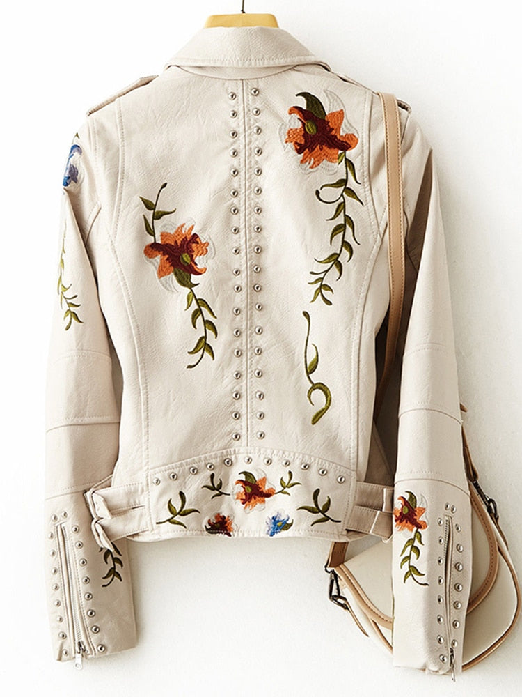 FTLZZ-Chaqueta de piel sintética con estampado Floral para mujer, abrigo de cuero suave, cuello vuelto, estilo Retro, negro, Punk