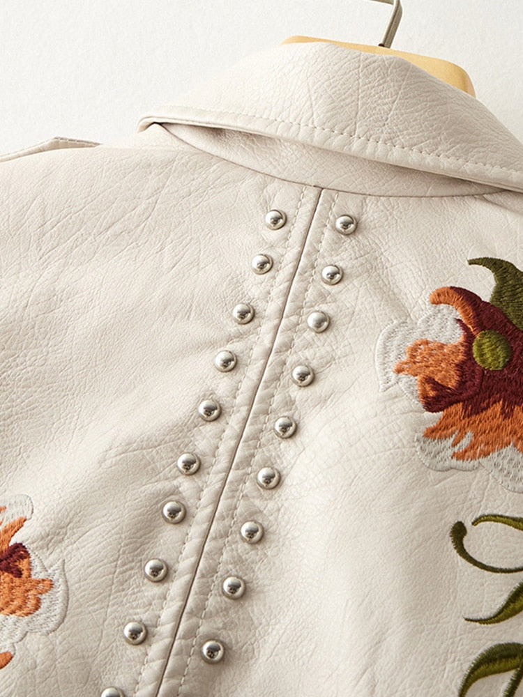 FTLZZ-Chaqueta de piel sintética con estampado Floral para mujer, abrigo de cuero suave, cuello vuelto, estilo Retro, negro, Punk