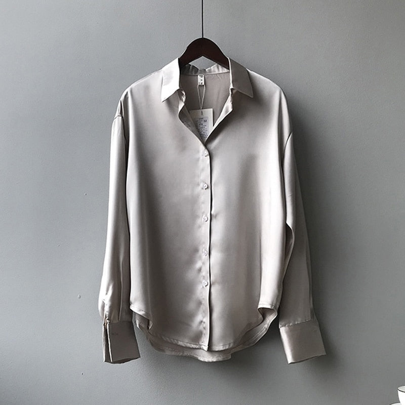 Autumn Fashion Button Up Satin Shirt Vintage Blouse Women White Lady Long Sleeves Female Loose Street Shirts 11355