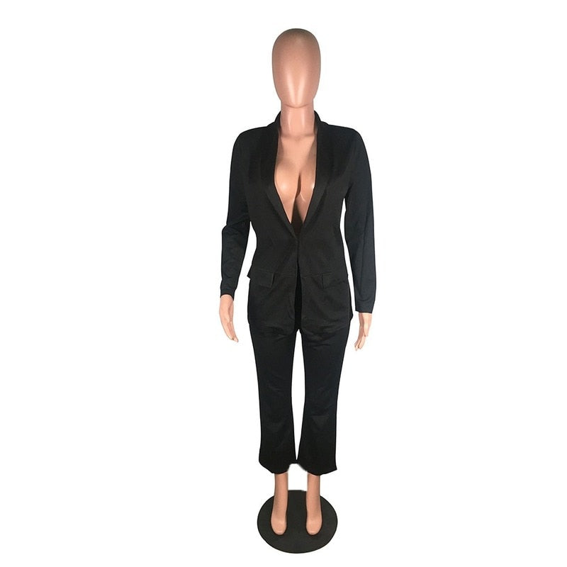 Classic Office Blazer Suit Two Piece Set 2023 Women Casual Commute Cropped Pants Suits Solid Color Mid Length Blazer with Pocket