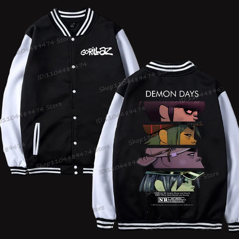 Black and white varsity jacket with Gorillaz logo on front and 'Demon Days' design on back