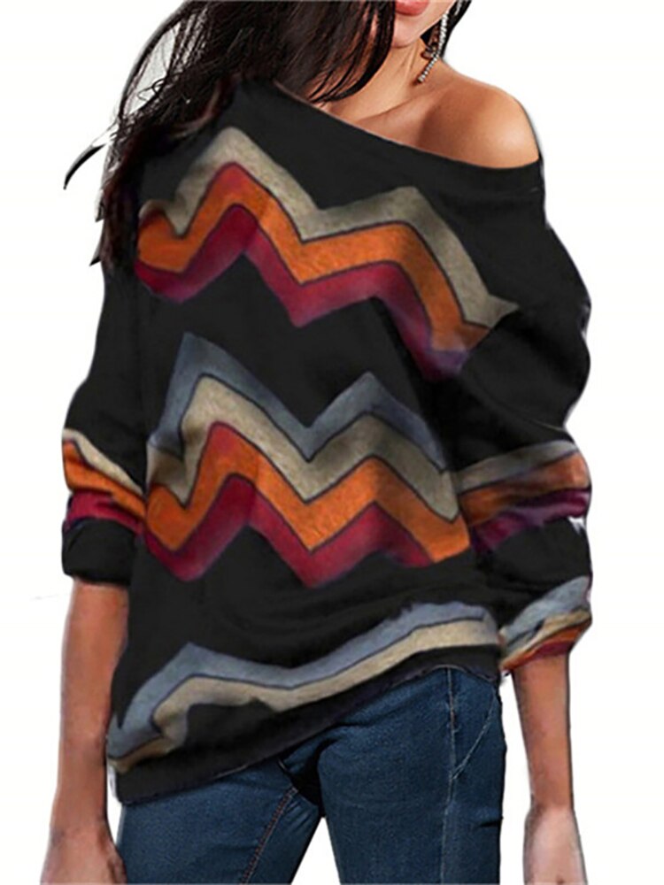 Aachoae Women Blouses Off Shoulder Tops Striped Print Pullover Jumper Casual Knitted Top Long Sleeve Blouse Shirt Camiseta Mujer