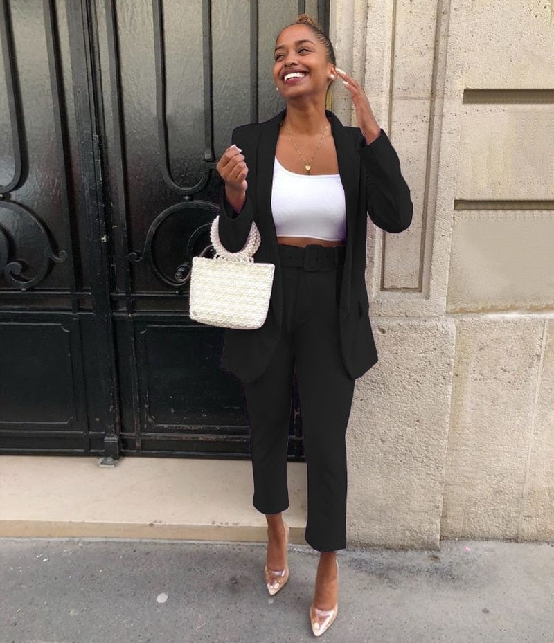 Classic Office Blazer Suit Two Piece Set 2023 Women Casual Commute Cropped Pants Suits Solid Color Mid Length Blazer with Pocket