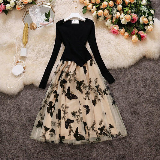 HISUMA 2022 autumn New Women V-Neck Long Sleeve Knitted Embroidered Gauze A-line Dress Female Chic Elegant Sweater Dresses