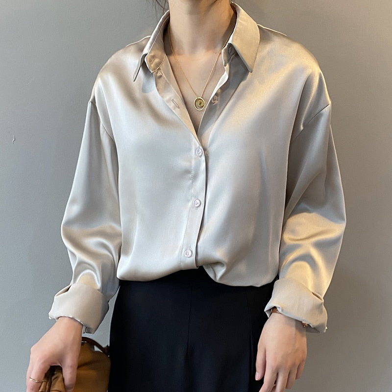 Autumn Fashion Button Up Satin Shirt Vintage Blouse Women White Lady Long Sleeves Female Loose Street Shirts 11355