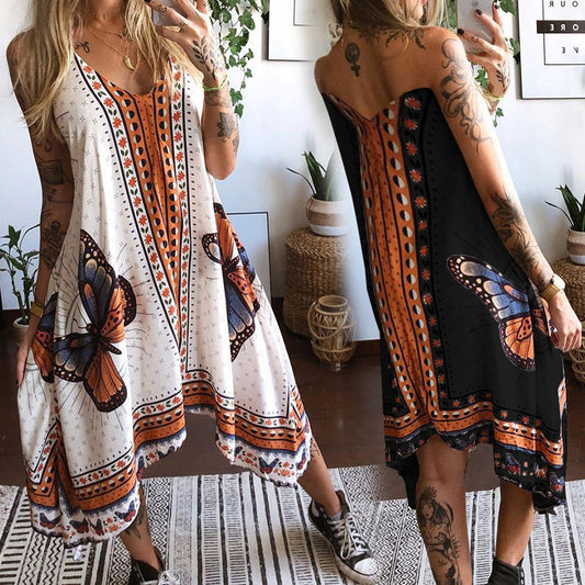 Women's Printed Backless Irregular Dress