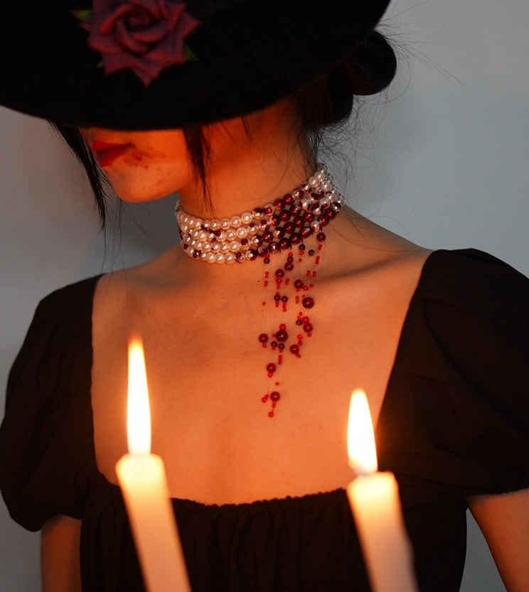 Bite Mark Blood Pearl Necklace Hoop Choker