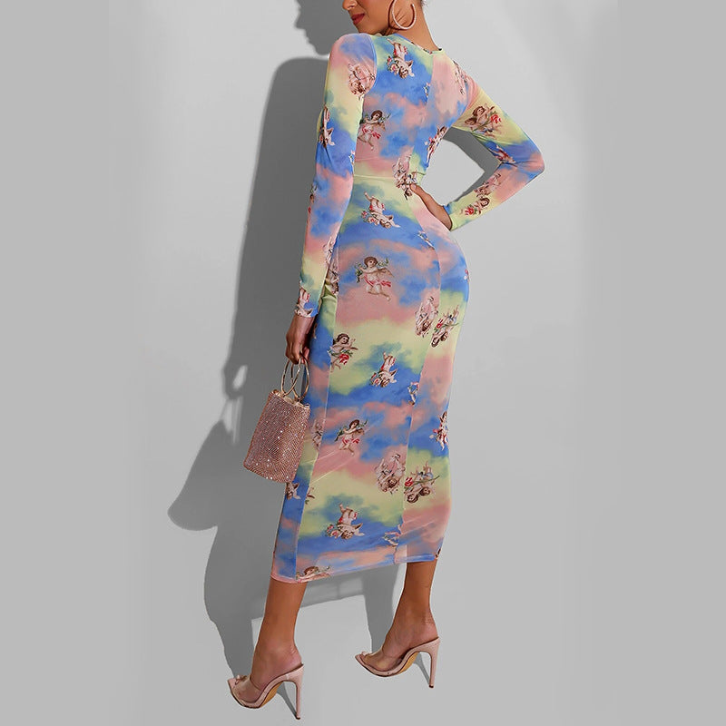 Women's Clothing Long Sleeve Mesh Printed Midi Skirt