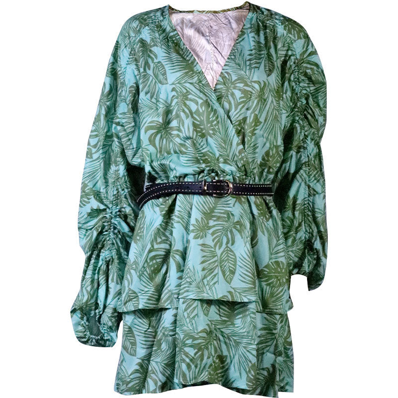 Women's Loose-fit Long-sleeved V-neck Printed Dress