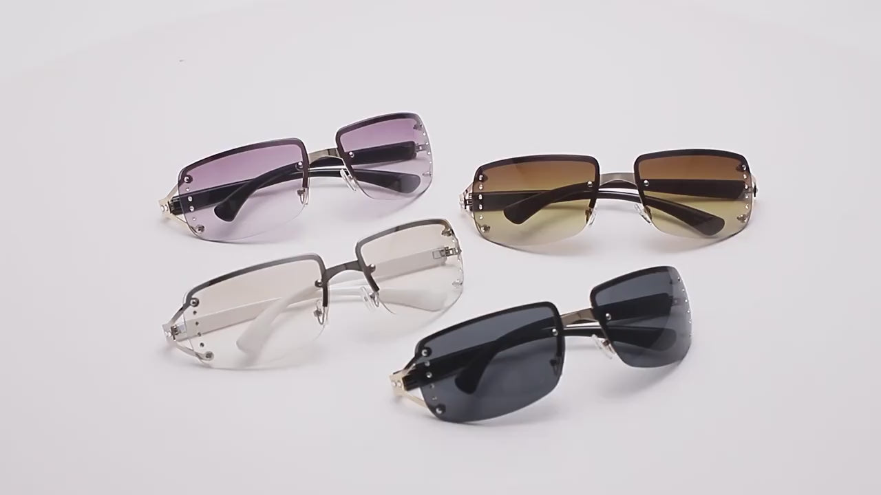 Y2K Rimless Sunglasses For Women Men Gradient Lens Glasses Futuristic Rhinestone Decor Eyewear For Driving Beach UV 400
