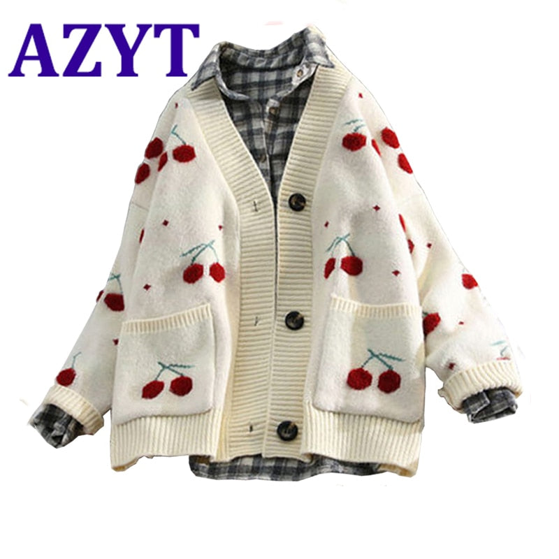 AZYT Fruit Cherry Embroidery Knitted Cardigan Loose Knit Pull Femme Autumn Winter V Neck Oversize Woman Sweater Cardigan Jacket