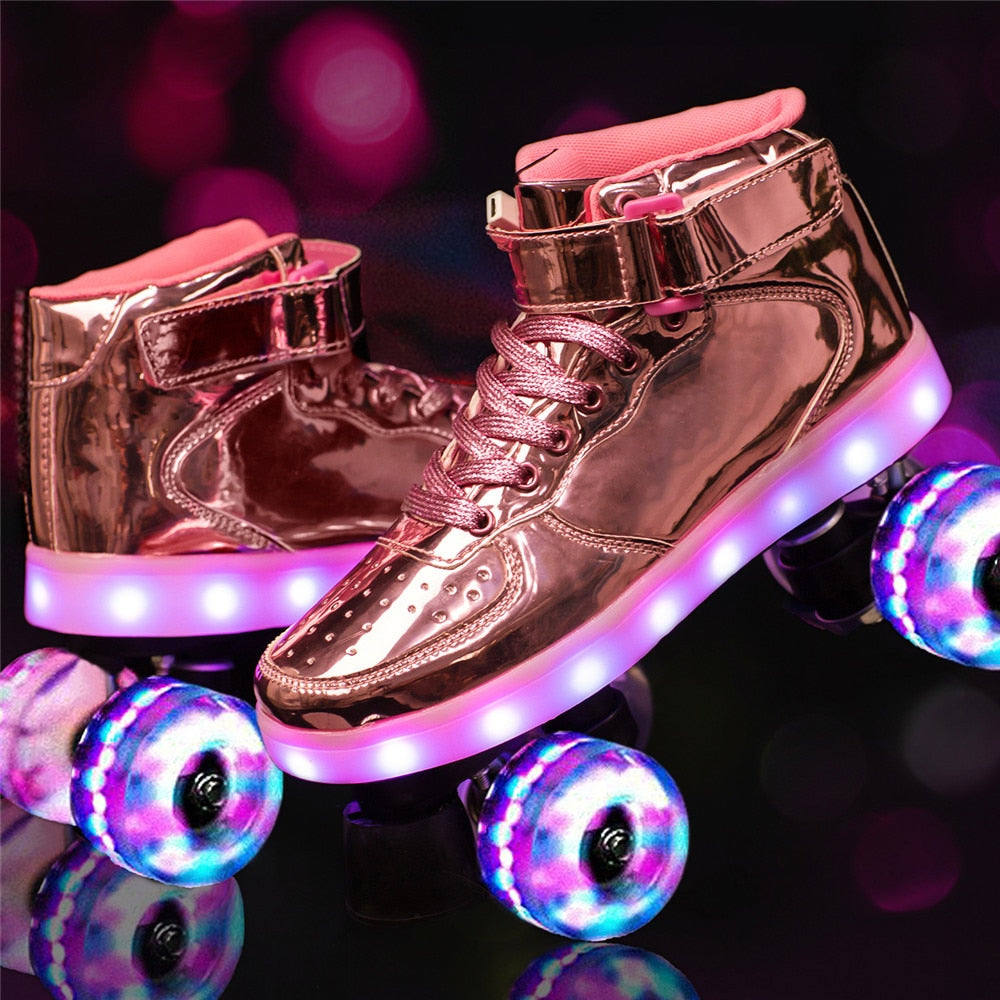 2022 New Led Rechargeable 7 Colorful Flash Shoes Double Row 4 Wheel Roller Skates Outdoor Men Women Patines