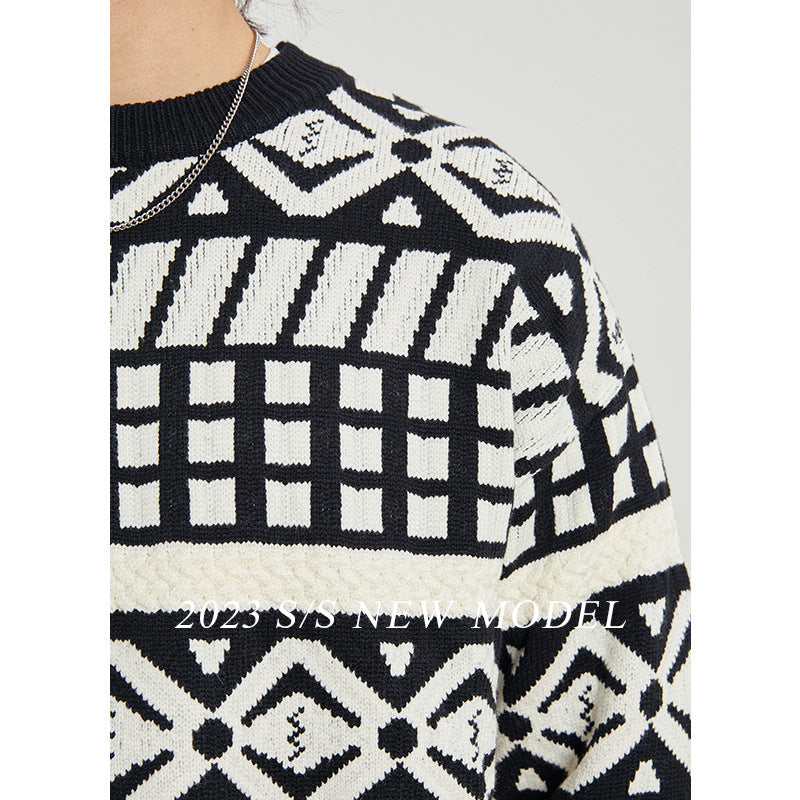 Yizhi Men's Clothing 2023 Autumn And Winter New Japanese Retro Jacquard Sweater Men's Loose Warm Couple Wool Sweater