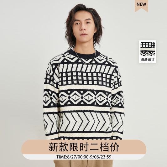 Yizhi Men's Clothing 2023 Autumn And Winter New Japanese Retro Jacquard Sweater Men's Loose Warm Couple Wool Sweater