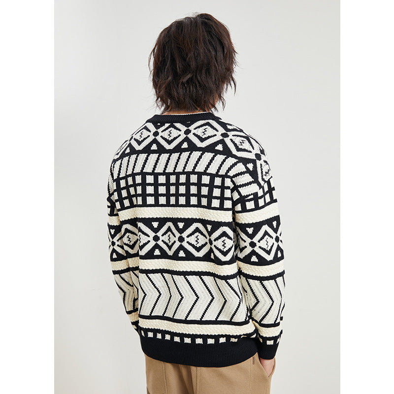 Yizhi Men's Clothing 2023 Autumn And Winter New Japanese Retro Jacquard Sweater Men's Loose Warm Couple Wool Sweater