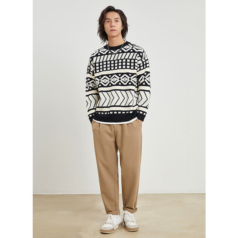 Yizhi Men's Clothing 2023 Autumn And Winter New Japanese Retro Jacquard Sweater Men's Loose Warm Couple Wool Sweater