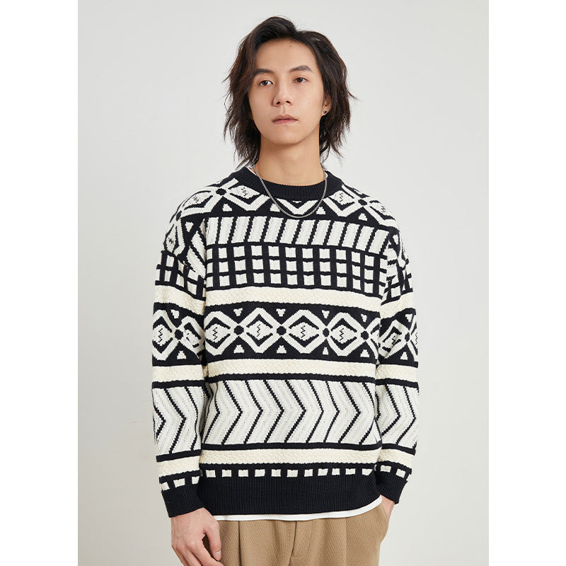 Yizhi Men's Clothing 2023 Autumn And Winter New Japanese Retro Jacquard Sweater Men's Loose Warm Couple Wool Sweater