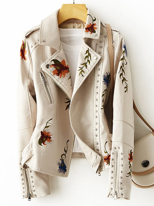 FTLZZ-Chaqueta de piel sintética con estampado Floral para mujer, abrigo de cuero suave, cuello vuelto, estilo Retro, negro, Punk