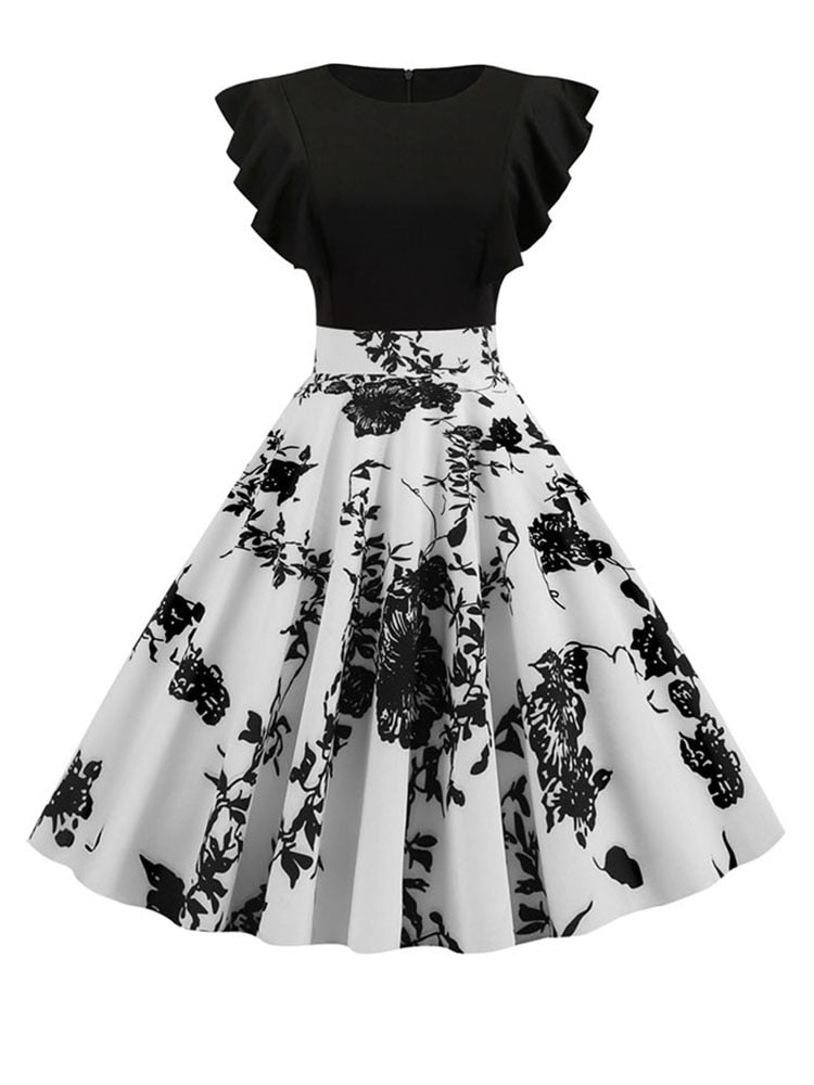 Black White Patchwork Floral Print Summer Dress Women 2022 Petal Sleeve Dot Vintage Dress Robe Casual Rockabilly Party Vestidos