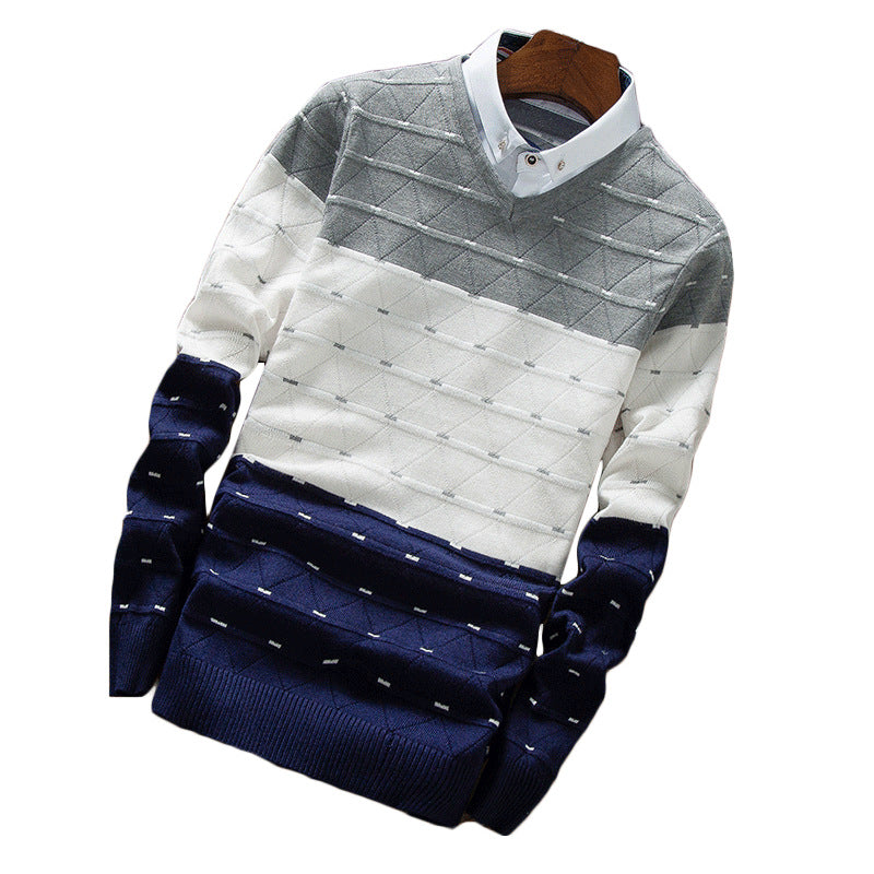 Men's Knitted Sweater Fake Two-piece Shirt Collar Sweater Men