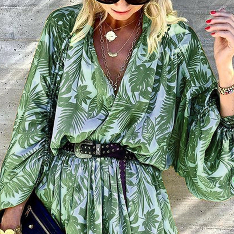 Women's Loose-fit Long-sleeved V-neck Printed Dress