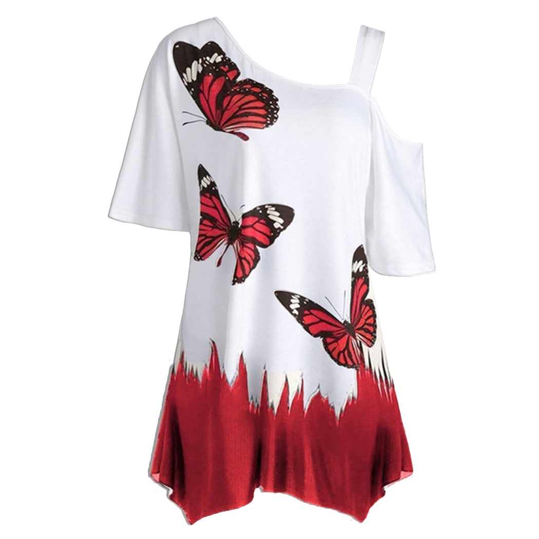Short Sleeve 2021 Women Tops One Shoulder Summer Fashion Butterfly Printed Blouse Plus Size Tunic Casual Shirts Loose Blusas