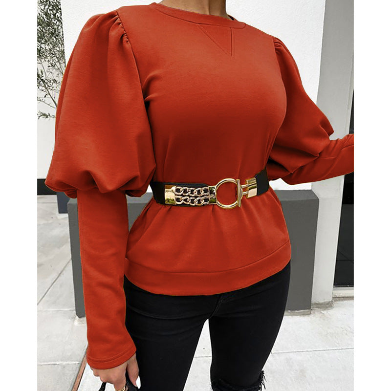 Women's Clothing Round Neck Puff Sleeve Solid Color Top T-shirt
