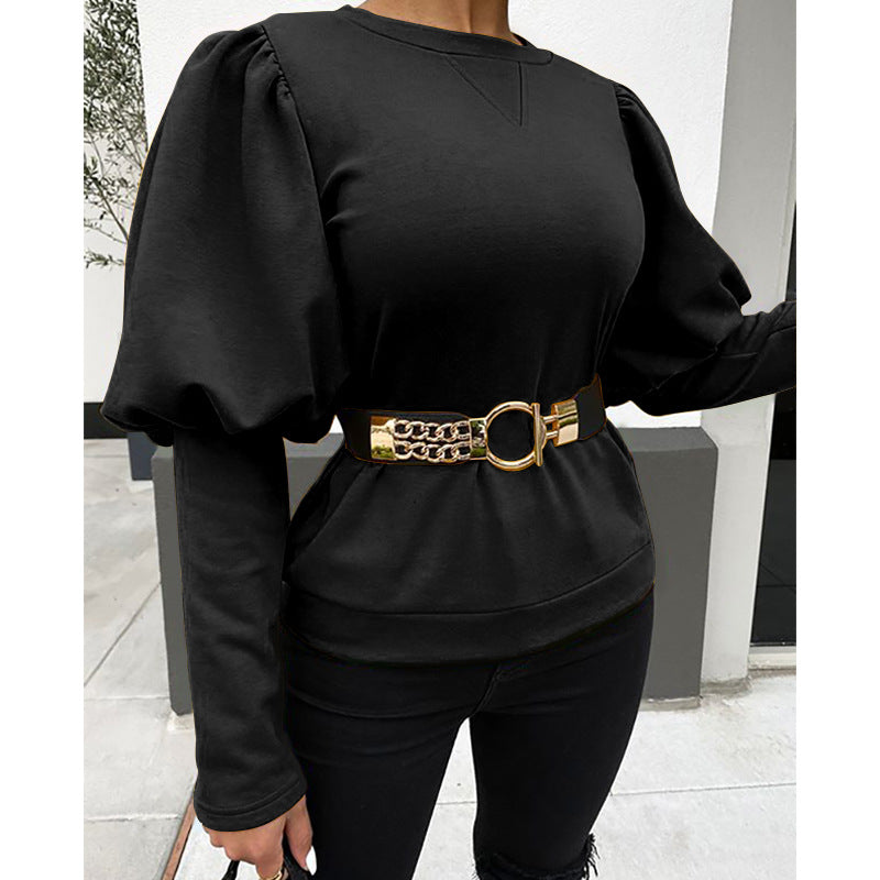 Women's Clothing Round Neck Puff Sleeve Solid Color Top T-shirt