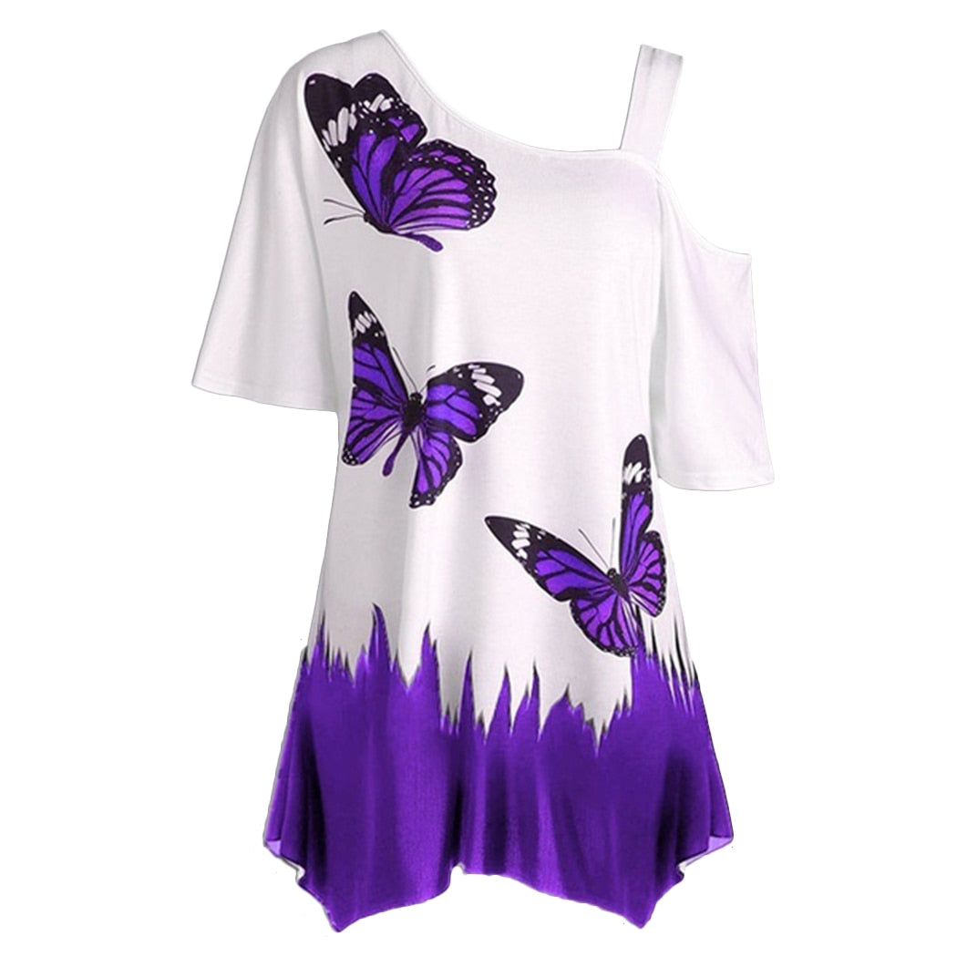Short Sleeve 2021 Women Tops One Shoulder Summer Fashion Butterfly Printed Blouse Plus Size Tunic Casual Shirts Loose Blusas