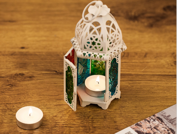Hot Sale European Style Moroccan Glass Candle Holder Wrought Iron Wind Lamp Aromatherapy