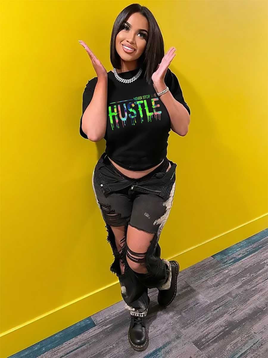 Spring And Summer Large Size Loose Letters Printed Crew Neck Top