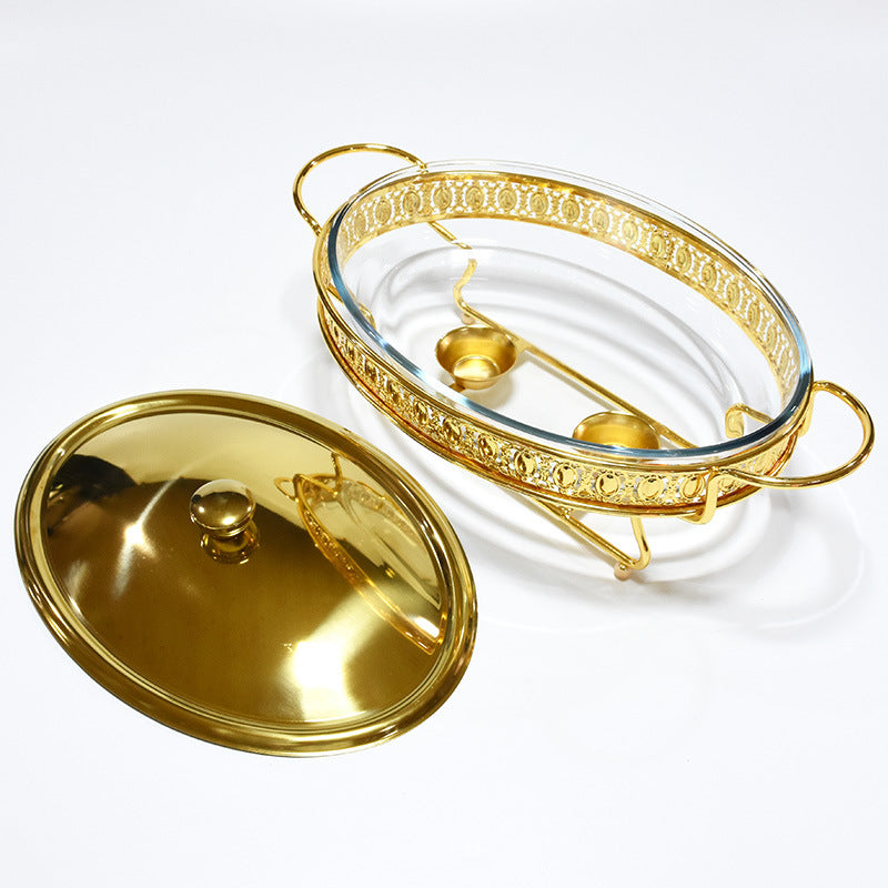 Hotel Restaurant Food Heating Container Iron Bracket Glass Plate