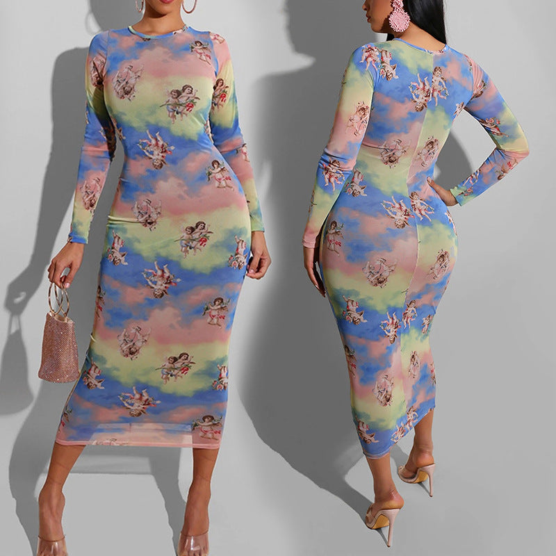 Women's Clothing Long Sleeve Mesh Printed Midi Skirt