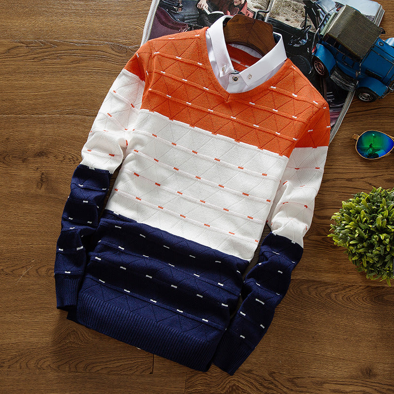 Men's Knitted Sweater Fake Two-piece Shirt Collar Sweater Men
