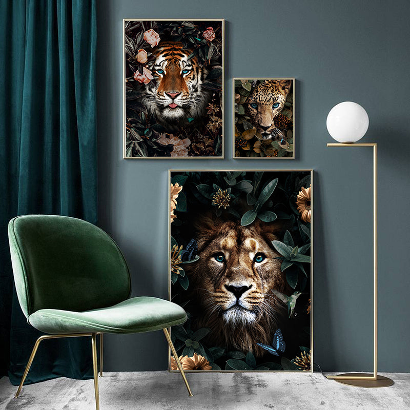 Abstract Wall Canvas Painting Animal Lion Tiger Bear Flowers Nordic Art