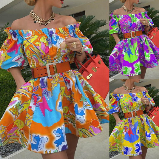 Women's Fashionable Off-neck Mid-sleeve Dress